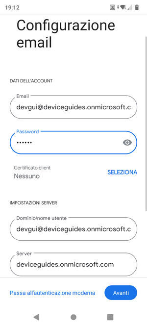 Inserisci Nome utente e l'indirizzo del server Exchange. Seleziona Avanti