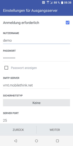 Geben Sie die Server-Adresse für ausgehende Post ein