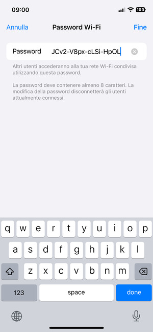 Inserisci una password dell'hotspot Wi-Fi di almeno 8 caratteri e seleziona Fine