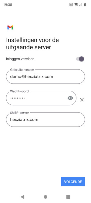 Voer Uitgaand serveradres in en selecteer VOLGENDE