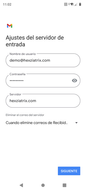 Introduzca Nombre de usuario y la dirección de servidor entrante. Seleccione SIGUIENTE