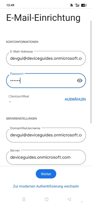 Geben Sie Benutzername und Exchange Server-Adresse ein. Wählen Sie Weiter