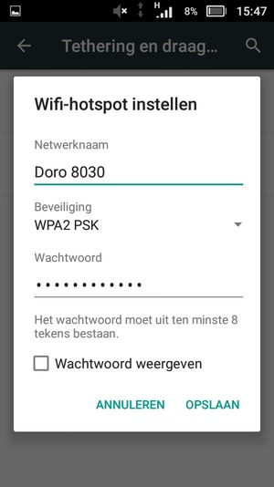 Voer een wachtwoord van een WiFi-hotspot in van ten minste 8 tekens en selecteer OPSLAAN