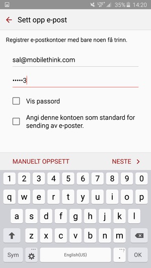 Skriv inn e-postadresse og passord. Velg MANUELT OPPSETT