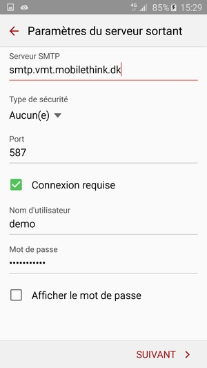 Saisissez l'adresse du serveur sortant