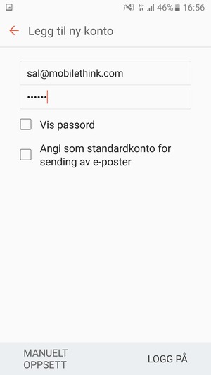 Skriv inn e-postadresse og passord. Velg MANUELT OPPSETT