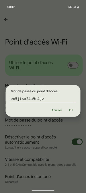 Saisissez un mot de passe de hotspot Wi-Fi d'au moins 8 caractères et sélectionnez OK