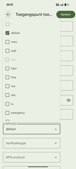 Zorg ervoor dat default geselecteerd is