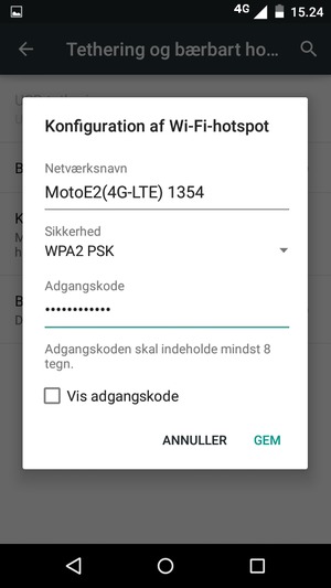 Indtast en Wi-Fi-hotspot adgangskode på minimum 8 tegn og vælg GEM