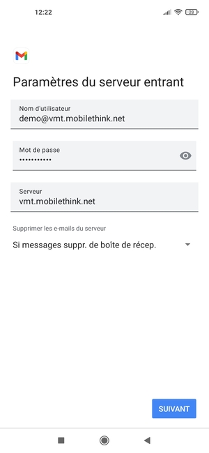 Saisissez votre Nom d'utilisateur et l'adresse du serveur entrant. Sélectionnez SUIVANT