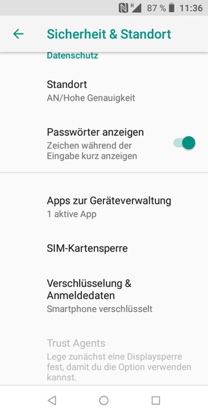 Um die PIN für die SIM-Karte zu wechseln, gehen Sie zum Sicherheit & Standort Menü zurück und wählen Sie SIM-Kartensperre