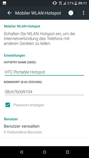 Geben Sie ein Passwort mit mindestens 8 Zeichen ein und Schalten Sie Mobiler WLAN-Hotspot ein