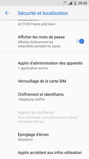 Faites défiler et sélectionnez Verrouillage de la carte SIM