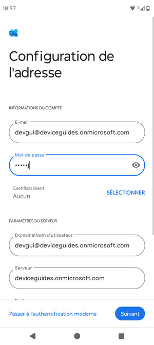 Saisissez votre Nom d'utilisateur et l'adresse du serveur Exchange. Sélectionnez Suivant