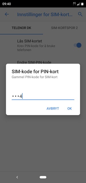 Skriv inn Gammel PIN-kode for SIM-kort og velg OK
