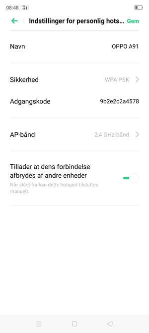 Indtast en Wi-Fi-hotspot adgangskode på minimum 8 tegn og vælg Gem