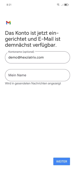 Geben Sie Ihrem Konto einen Namen und geben Sie Ihren Namen ein. Wählen Sie WEITER