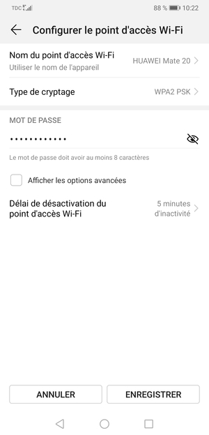 Saisissez un mot de passe de hotspot Wi-Fi d'au moins 8 caractères et sélectionnez ENREGISTRER