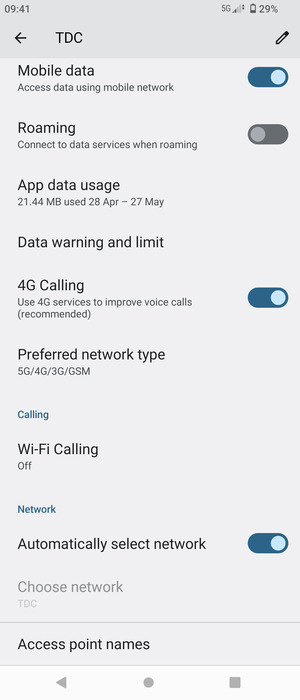 Scroll to and select Preferred network type