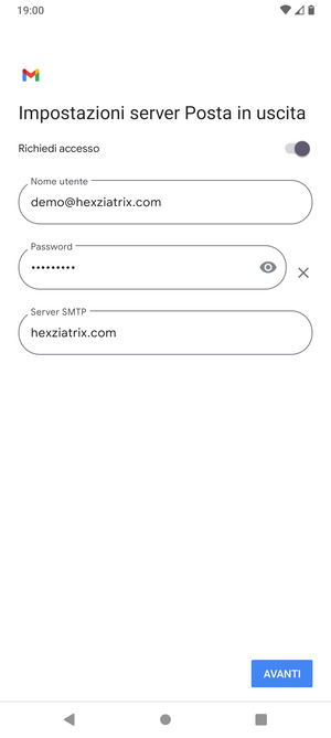 Inserisci l'indirizzo del server di posta in uscita e seleziona AVANTI