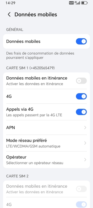 Faites défiler jusqu'à CARTE SIM 1 ou CARTE SIM 2 et sélectionnez Mode réseau préféré
