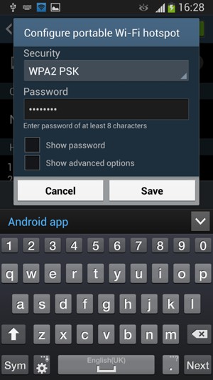 Enter a Wi-Fi hotspot password of at least 8 characters and select Save