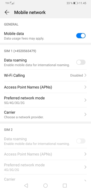 Scroll to SIM 1 or SIM 2 and select Preferred network mode