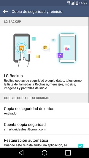Seleccione Cuenta copia seguridad