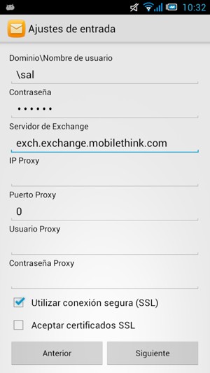 Introduzca Nombre de usuario y Dirección del servidor Exchange. Seleccione Siguiente