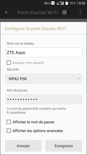 Saisissez un mot de passe de hotspot Wi-Fi d'au moins 8 caractères et sélectionnez Enregistrer