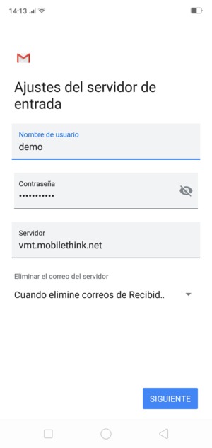 Introduzca Nombre de usuario y la dirección de servidor entrante. Seleccione SIGUIENTE
