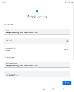 Enter Username and Exchange server address. Select Next