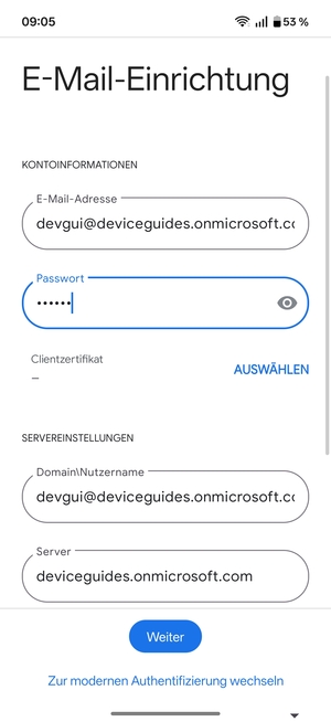 Geben Sie Benutzername und Exchange Server-Adresse ein. Wählen Sie Weiter