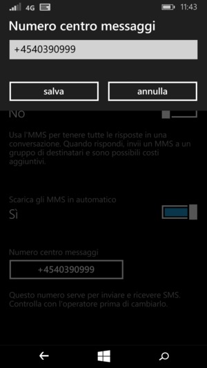Inserisci Numero centro messaggi e seleziona salva