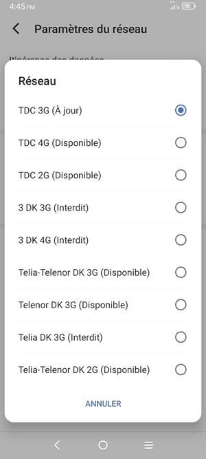 Sélectionnez un opérateur réseau dans la liste