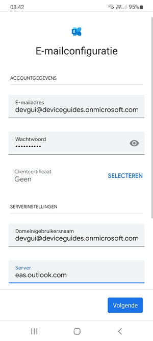 Voer Gebruikersnaam en Exchange serveradres in. Selecteer Volgende