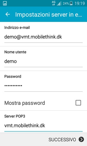 Inserisci Nome utente e l'indirizzo del server di posta in arrivo. Seleziona SUCCESSIVO