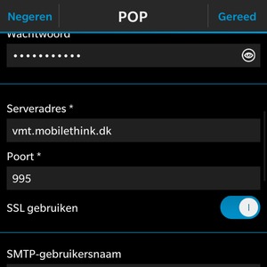 Voer binnenkomend serveradres in en zet SSL gebruiken op uit