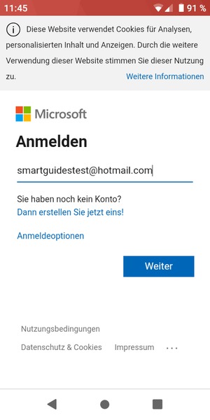Geben Sie Ihre Hotmail Adresse ein und wählen Sie Weiter