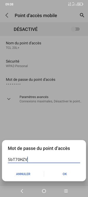 Saisissez un mot de passe de hotspot Wi-Fi d'au moins 8 caractères et sélectionnez OK