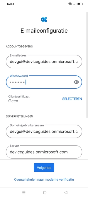 Voer Gebruikersnaam en Exchange serveradres in. Selecteer Volgende