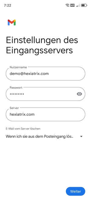 Geben Sie Benutzername und die Server-Adresse für eingehende Post ein. Wählen Sie Weiter