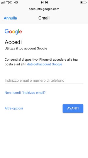Inserisci il tuo indirizzo Gmail e seleziona AVANTI