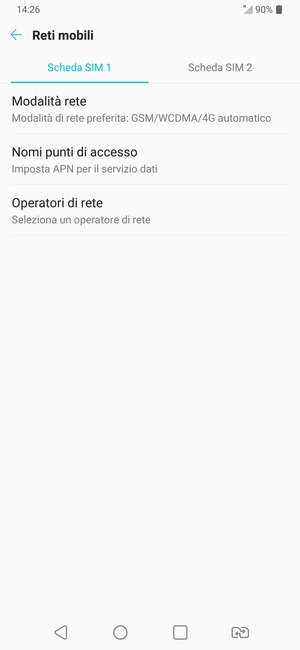 Seleziona Scheda SIM 1 o Scheda SIM 2 e poi Modalità rete