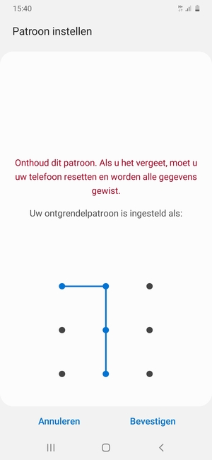 Teken het ontgrendelingspatroon nogmaals en selecteer Bevestigen