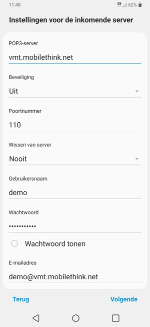 Voer Inkomende serveradres en Gebruikersnaam in. Selecteer Volgende