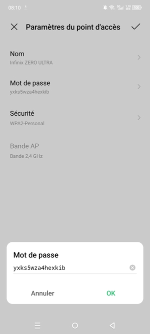 Saisissez un mot de passe de hotspot Wi-Fi d'au moins 8 caractères et sélectionnez OK