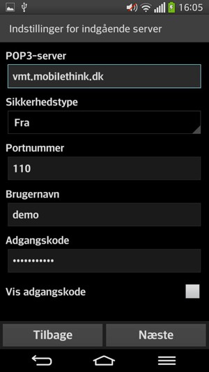 Indtast Indgående serveradresse og Brugernavn. Vælg Næste