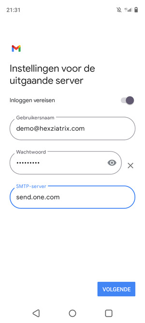 Voer Uitgaand serveradres in en selecteer VOLGENDE