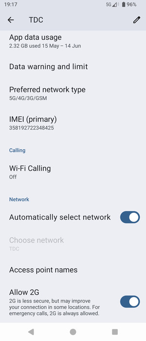 Scroll to and select Preferred network type